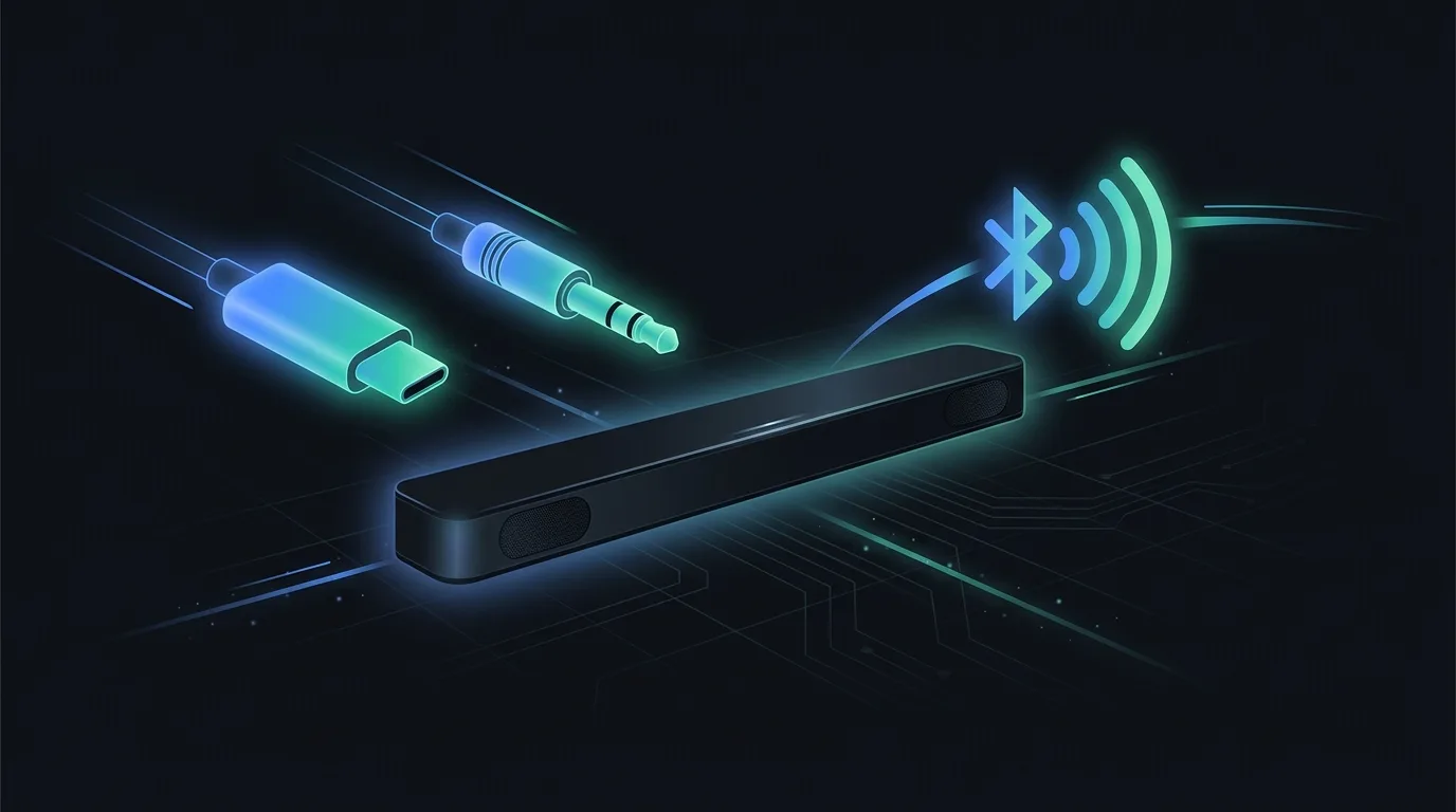 Connecteurs audio lumineux (USB-C, jack, Bluetooth) vers une barre de son