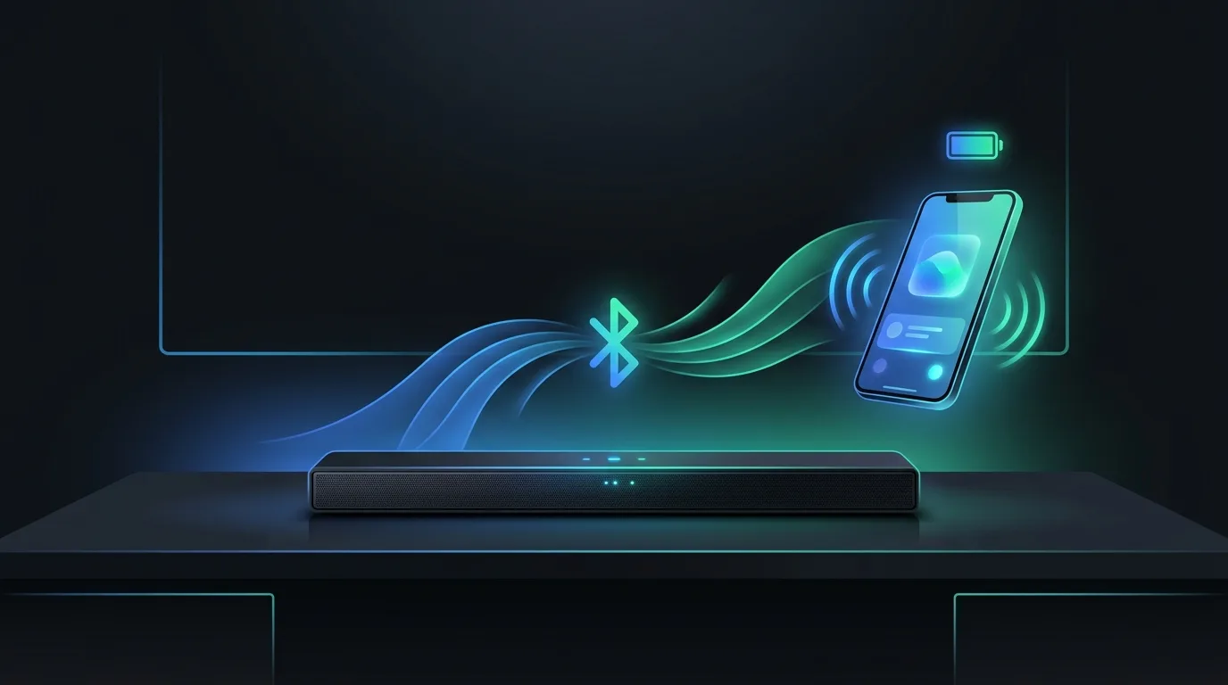 Barre de son PC reliée sans fil à un smartphone, avec symbole de batterie
