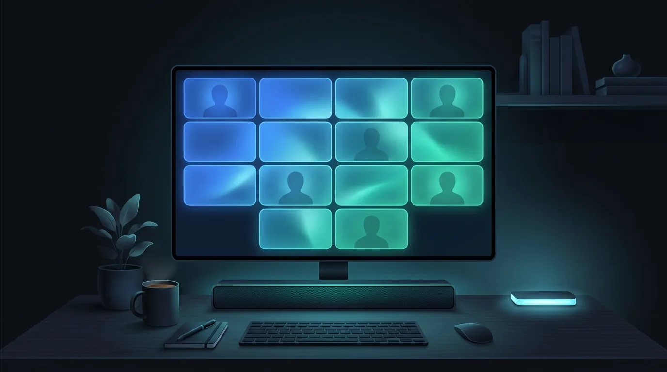 Bureau de télétravail avec écran en visioconférence et barre de son