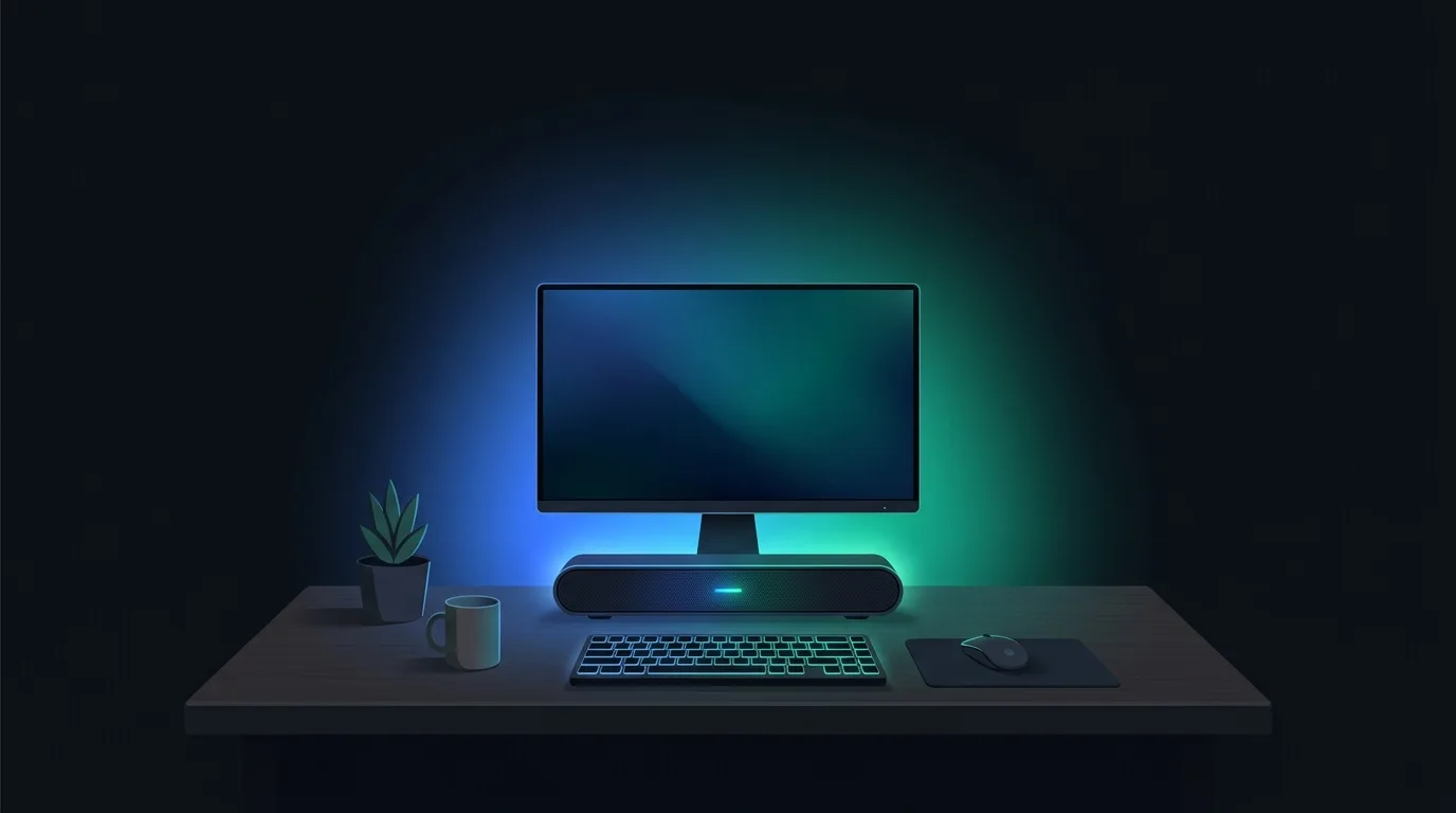 Petite barre de son compacte sous un moniteur sur un bureau épuré