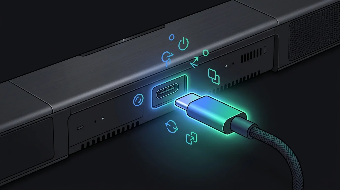 Câble USB-C lumineux se branchant à une barre de son