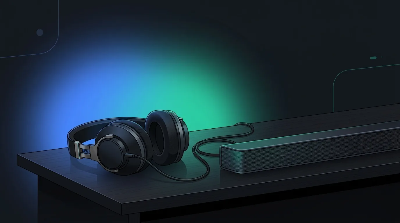 Casque audio et barre de son sur un bureau