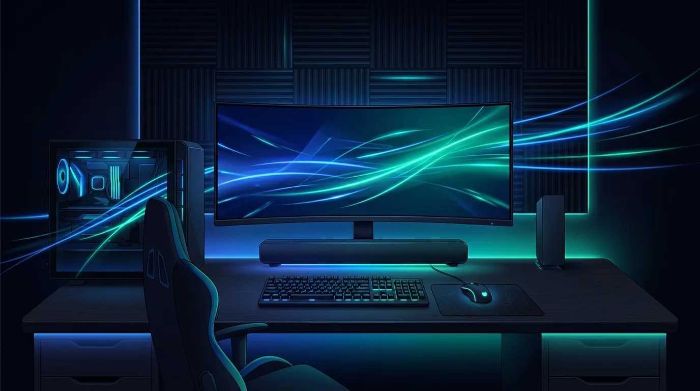 Setup gaming avec barre de son et ambiance RGB