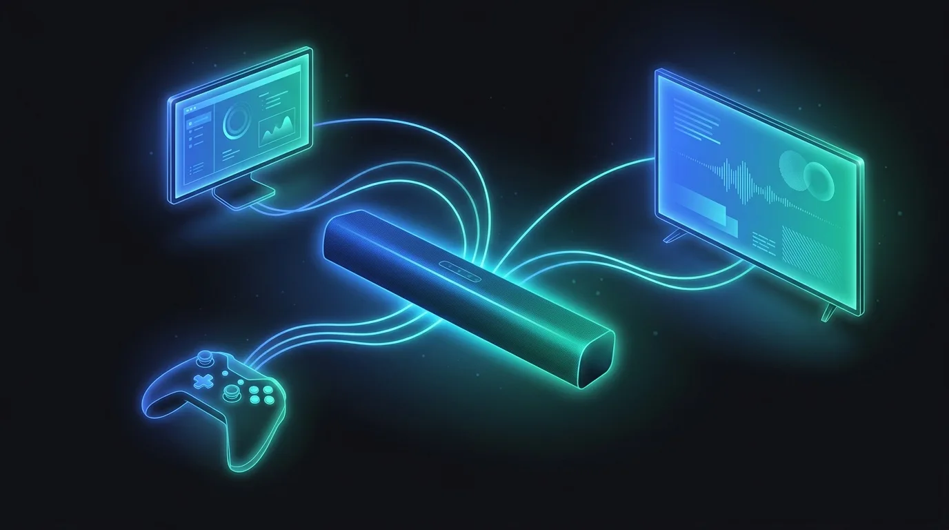 Barre de son reliée à un PC, une TV et une console